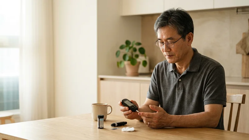 중년 부부가 채소 위주의 건강식으로 혈당 관리 식단을 실천하는 모습