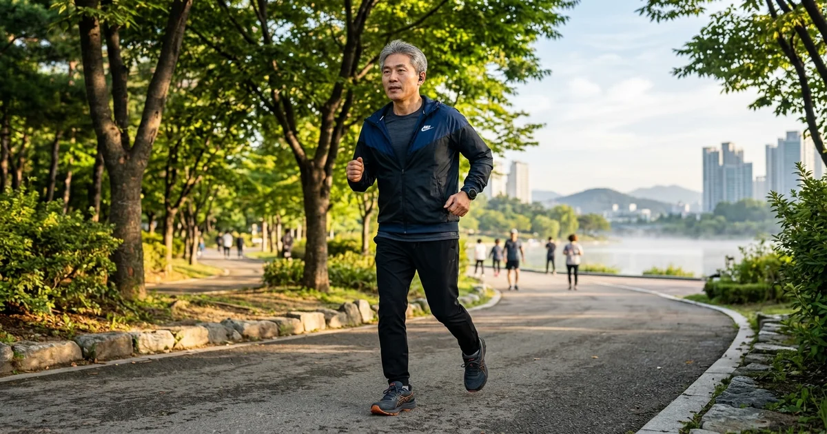 50대 한국 여성이 무릎 통증으로 관절을 살며시 잡고 있는 모습