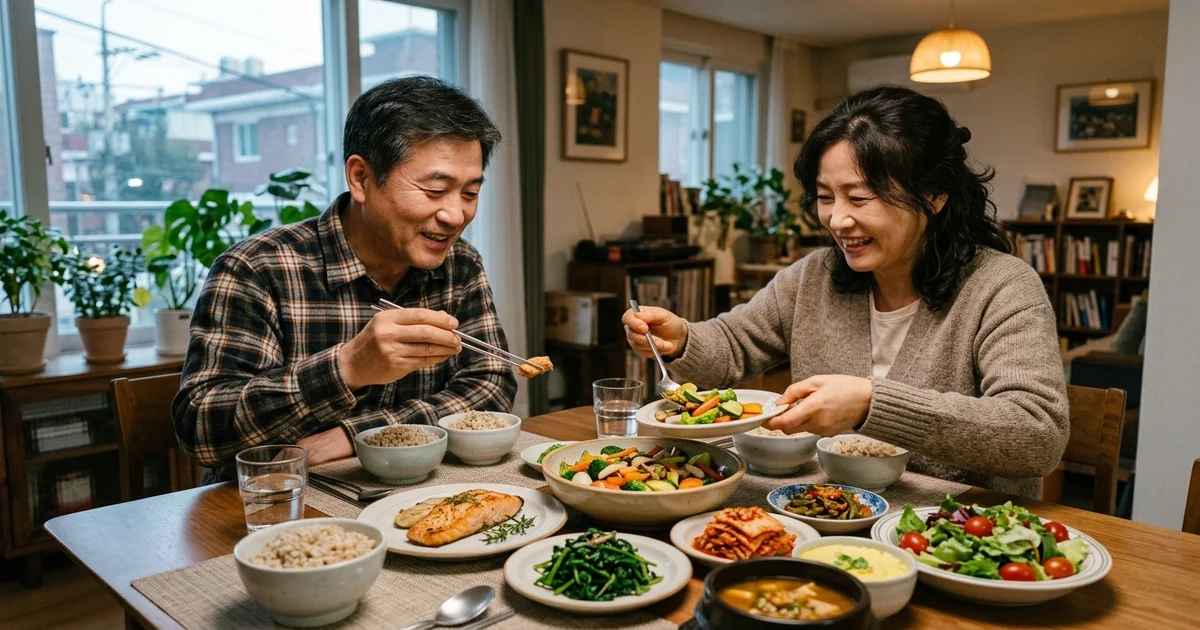 당화혈색소 낮추는 법을 실천하는 50대 한국 남성이 건강한 채소 식단을 준비하는 모습