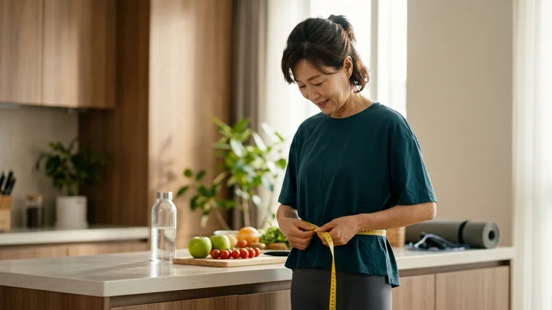 한국 중년 남성이 집에서 덤벨을 이용해 근력 운동을 하는 모습