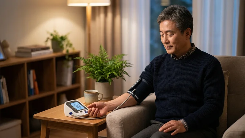 가정에서 혈압계로 혈압을 측정하는 50대 한국 여성