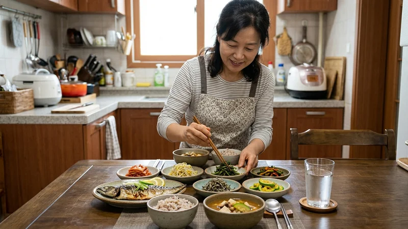 건강한 단백질 식단과 물컵이 놓인 식탁 위에서 규칙적인 식사를 준비하는 중년 여성