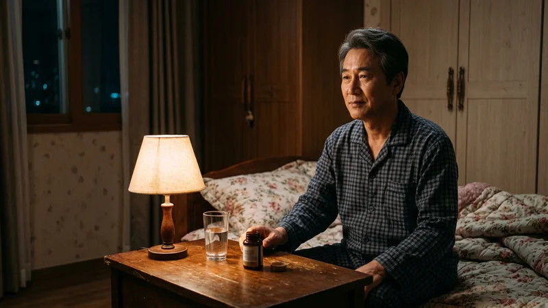 멜라토닌 보충제와 함께 취침 준비 중인 50대 한국 남성이 조용한 침실에 앉아 있는 모습