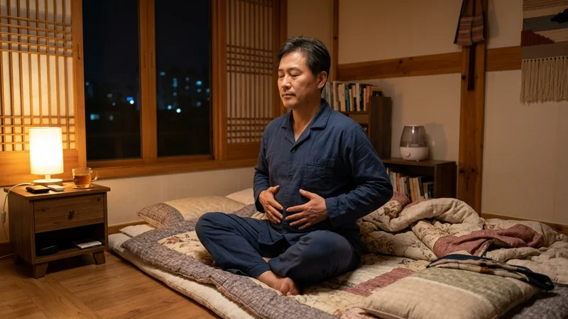 중년 남성이 취침 전 복식호흡으로 긴장을 풀며 수면을 준비하는 모습
