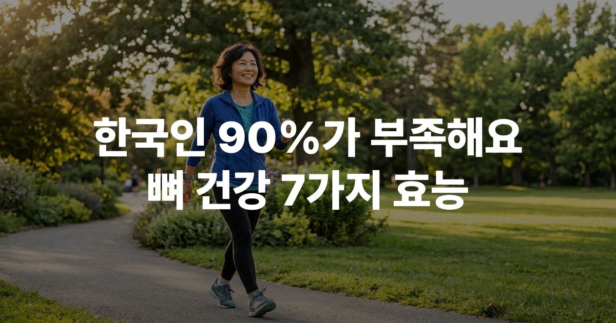 40대 한국 여성이 밝은 햇볕 아래 공원에서 활기차게 걷는 건강한 모습