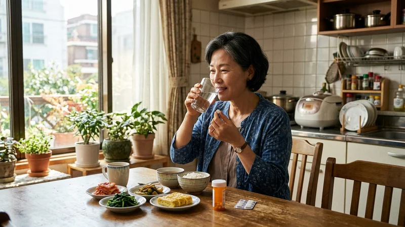 소화기내과 의사와 위 건강 상담을 받는 40~60대 한국인 환자