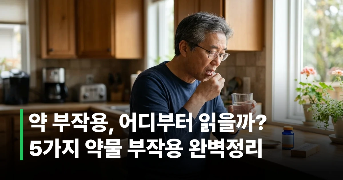 50대 한국인 남성이 아침에 혈압약을 물과 함께 복용하는 모습