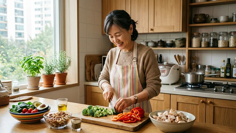 40대 여성이 밝은 주방에서 브로콜리, 닭가슴살, 견과류 등 간헐적 단식 식재료를 준비하는 모습