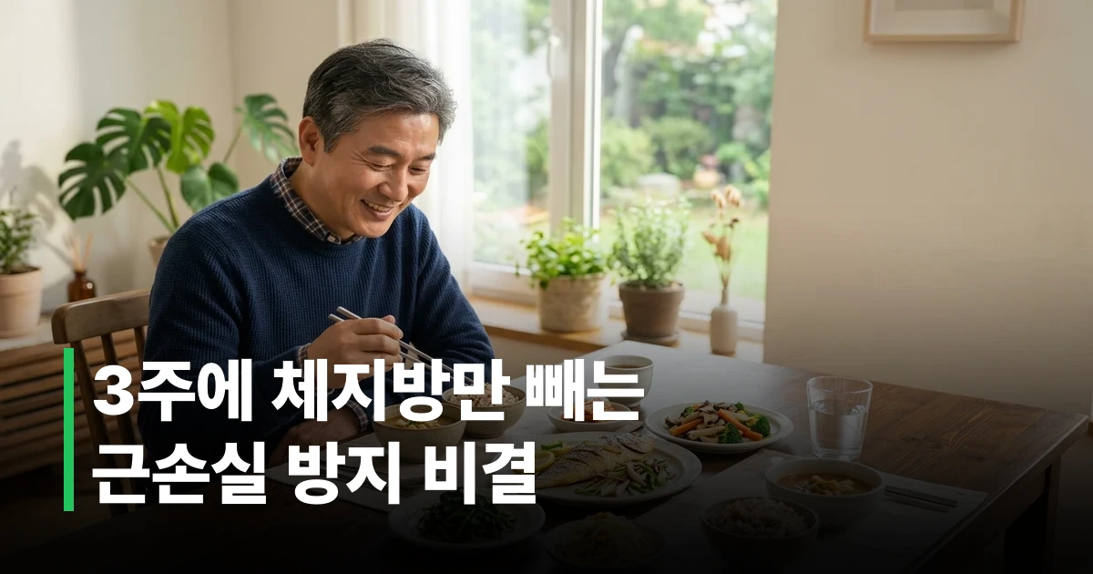50대 남성이 건강한 현미밥과 채소 단백질로 구성된 간헐적 단식 식단을 식탁에서 먹는 모습