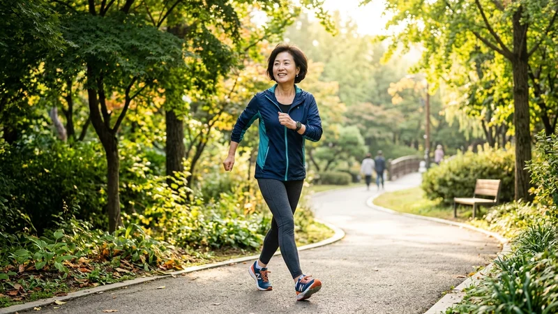 50대 여성이 공원에서 빠르게 걷기 운동을 하며 내장지방을 관리하는 모습