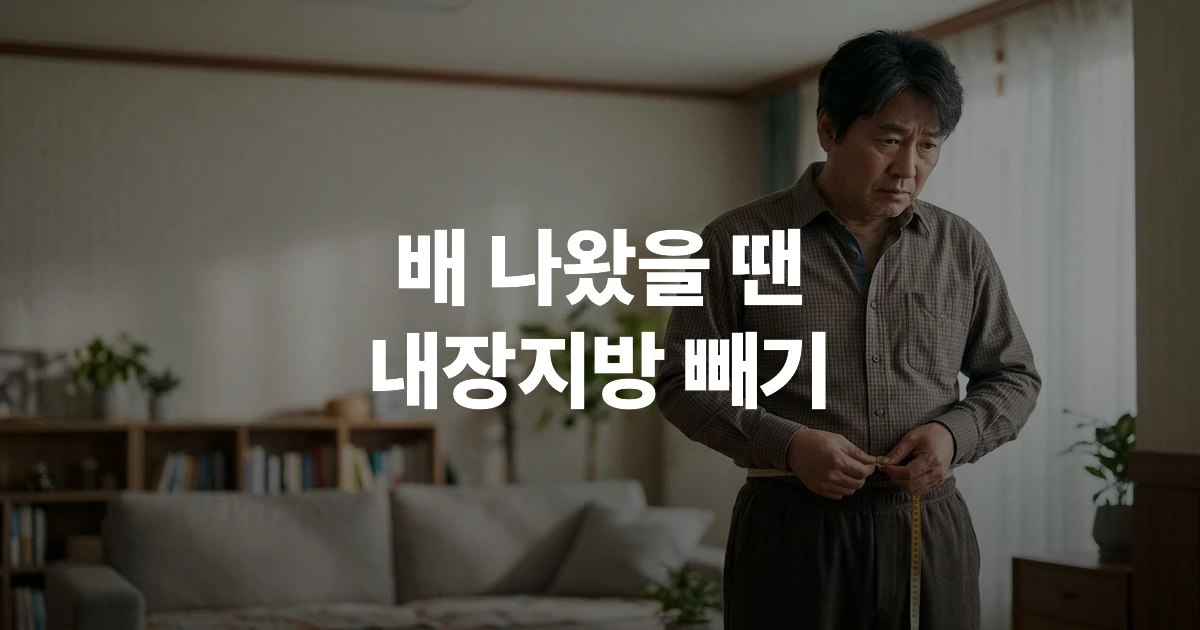 40대 남성이 허리둘레를 줄자로 측정하며 내장지방을 확인하는 모습