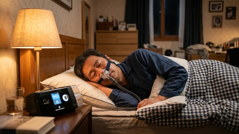 수면무호흡증 CPAP 치료기를 착용하고 편안하게 수면 중인 중년 남성