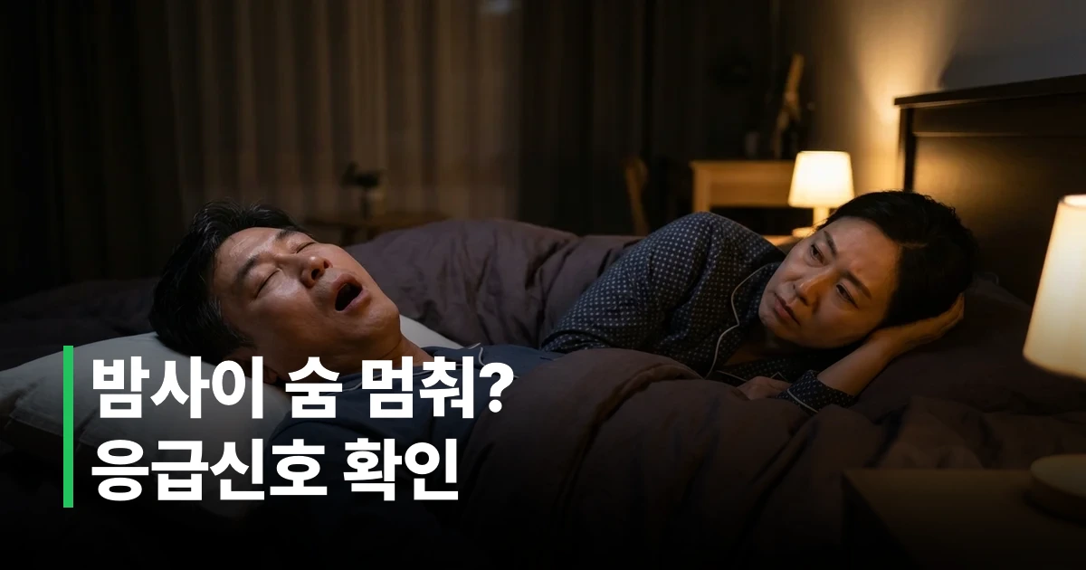40대 중년 남성이 코골이 심하게 자고 있고 옆에 배우자가 잠 못 이루며 걱정하는 모습