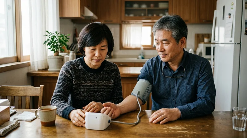중년 부부가 가정용 혈압계로 혈압을 측정하는 모습