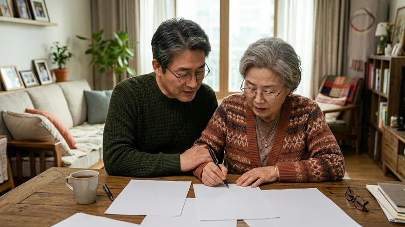 40~60대 자녀가 노부모의 복지 서비스 신청서류를 함께 검토하는 장면