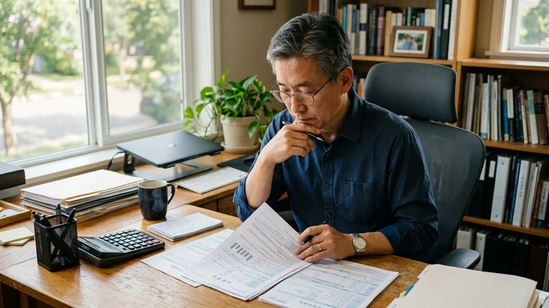 나이별 암보험 보험료를 비교하는 50대 한국 남성이 서류와 계산기를 앞에 두고 고민하는 장면