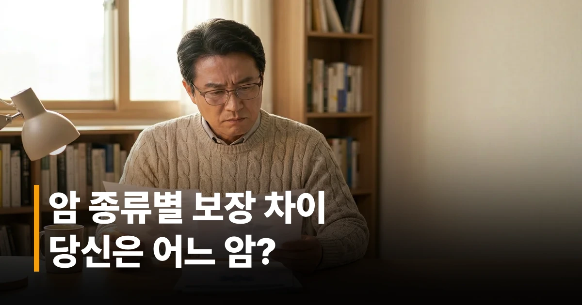 50대 남성이 책상에서 암보험 약관 서류를 꼼꼼히 검토하는 모습
