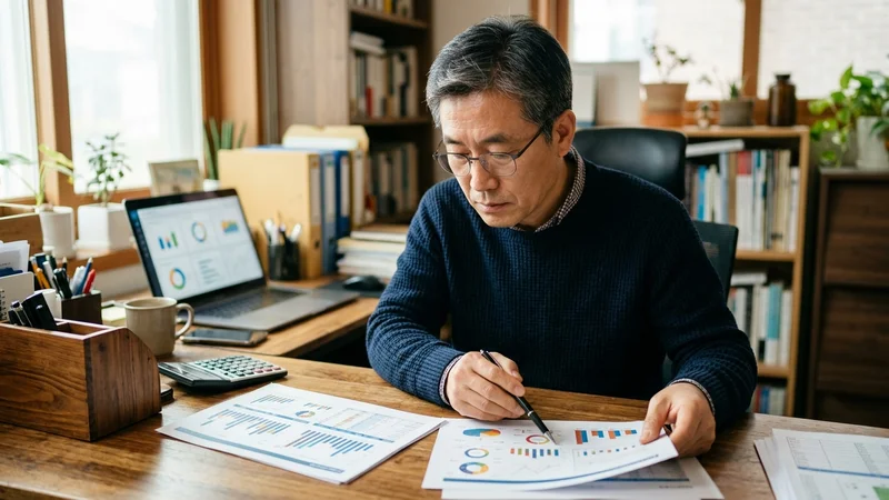 중년 한국 남성이 홈오피스에서 보험 비교표를 살펴보며 결정을 고민하는 모습