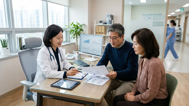 한국 중장년 부부가 종합건강검진 패키지 자료를 함께 검토하는 모습