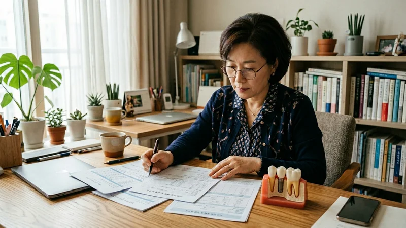 치아보험 임플란트 보장 체크리스트와 보험 서류를 검토하는 중년 한국인의 모습