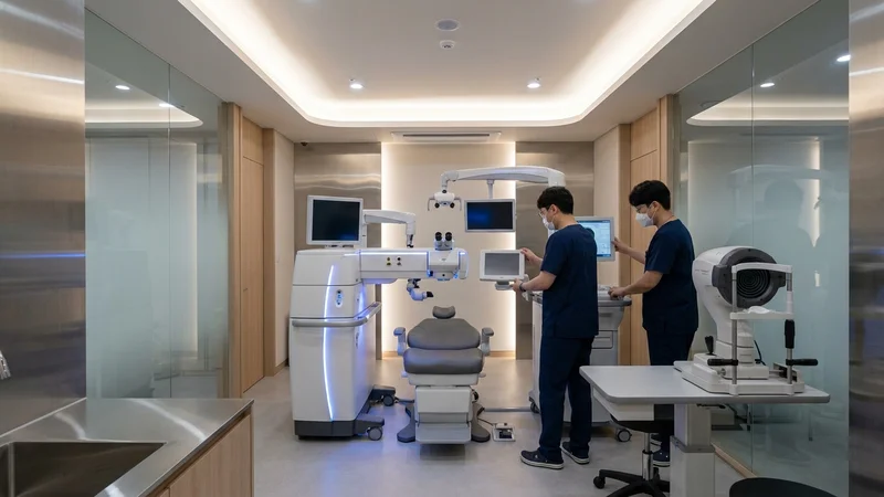 안과에서 정밀 눈 검사를 받는 40~60대 환자와 의사
