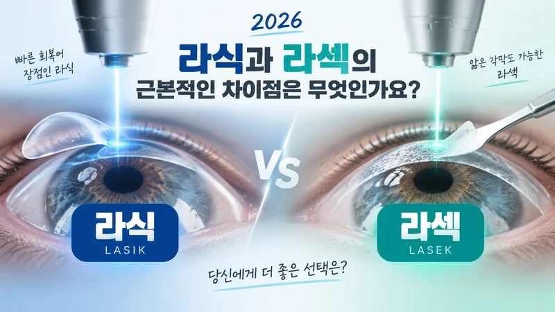 라식과 라섹의 수술 방식 차이를 레이저와 눈 구조 비교로 보여주는 의료 이미지