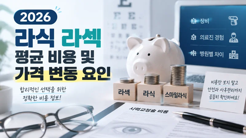 2026년 라식 라섹 평균 비용과 가격 변동 요인을 동전, 계산기, 시력교정 항목으로 표현한 이미지