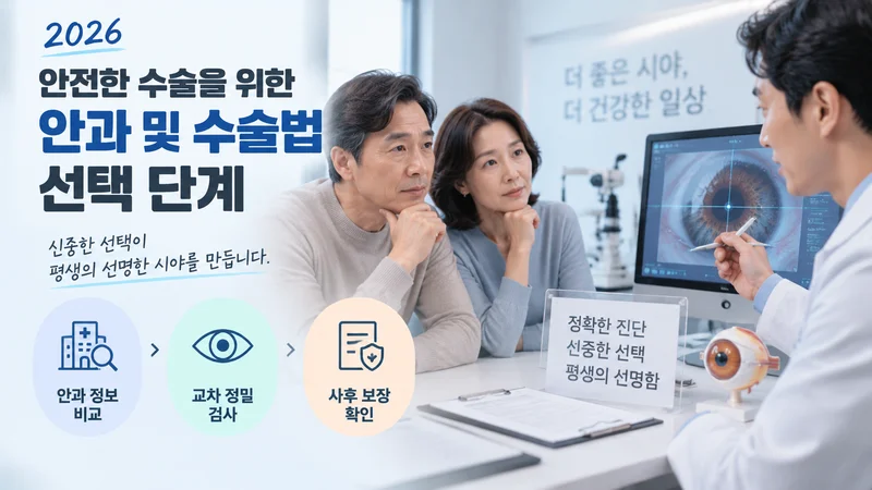 안전한 시력교정 수술을 위해 안과 상담과 정밀 검사 과정을 안내하는 중장년 환자 진료 이미지