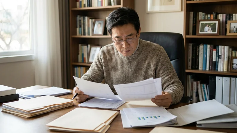 보험 서류를 꼼꼼히 검토하며 이의신청을 준비하는 중장년 한국인