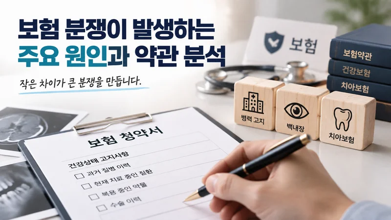 보험 청약서에 건강 고지 항목을 작성하는 손과 보험 약관, 의료 및 치아보험 관련 상징물이 함께 있는 보험 분쟁 원인 분석 이미지