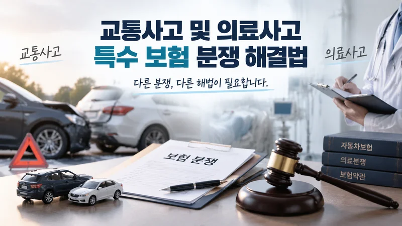 교통사고 현장과 병원 진료 장면, 보험 분쟁 서류와 법률 도구가 함께 구성된 특수 보험 분쟁 해결 이미지