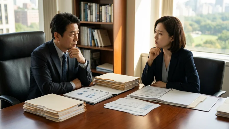 중년 여성이 보험 전문가와 서류를 놓고 진지하게 상담하는 모습