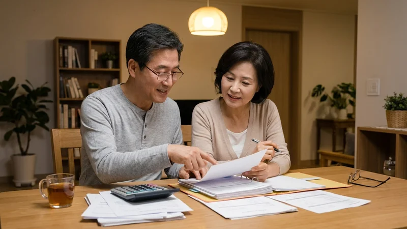 한국 중년 부부가 거실에서 보험료 인상 관련 서류를 함께 살펴보는 장면