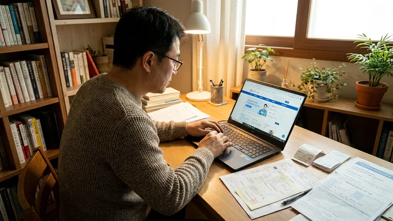 50대 남성이 집에서 노트북으로 보험사 앱에 접속해 실손보험 청구 서류를 업로드하는 장면