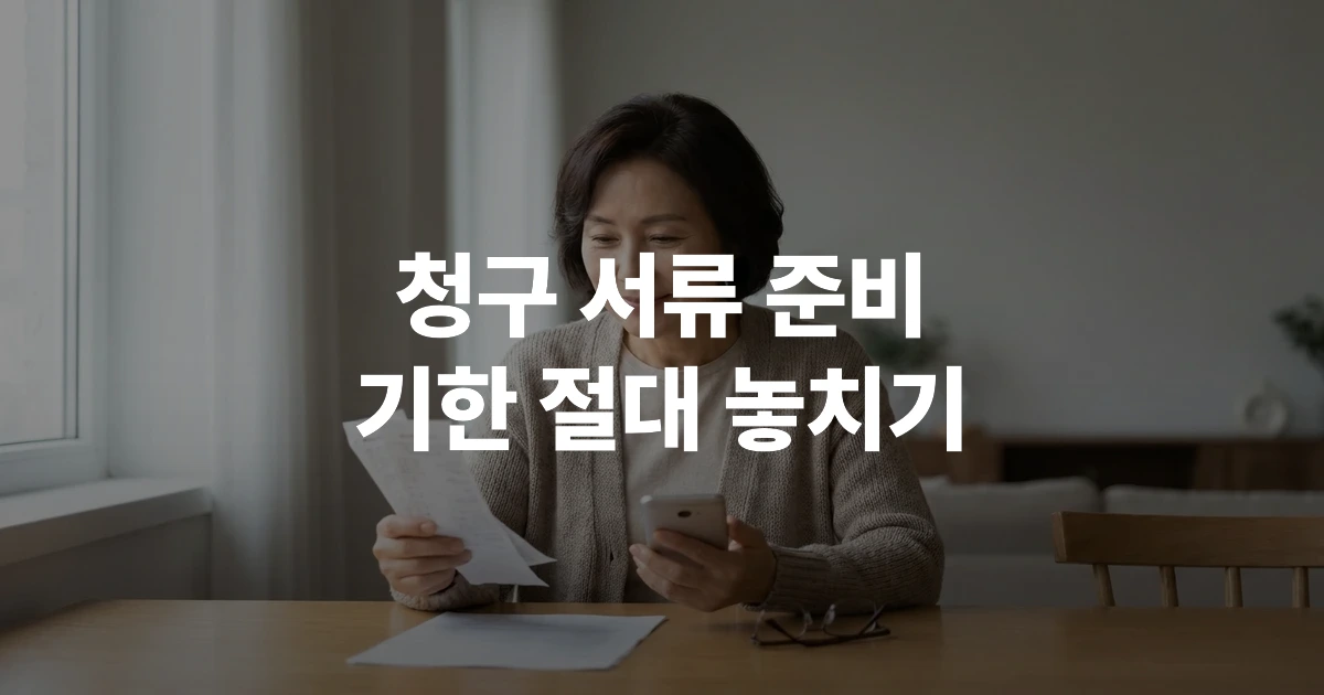 중년 여성이 병원 진료비 영수증과 스마트폰을 들고 실손보험 청구를 준비하는 모습