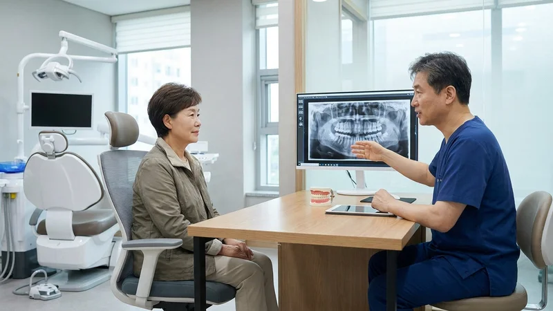 치과 상담실에서 임플란트 엑스레이를 보며 의사에게 설명을 듣는 60대 한국 여성 환자