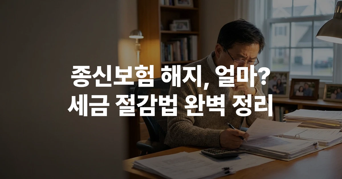 종신보험 해지환급금 서류를 검토하는 50대 한국 남성, 계산기와 보험증권