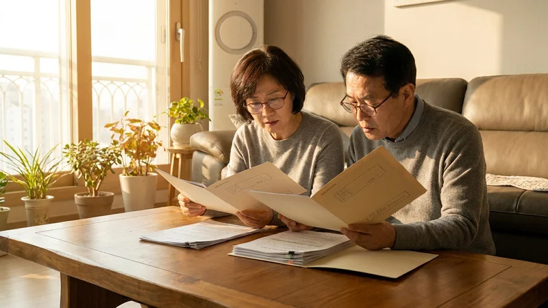 중년 한국 부부가 거실에서 치아보험 가입 조건 서류를 함께 검토하는 모습