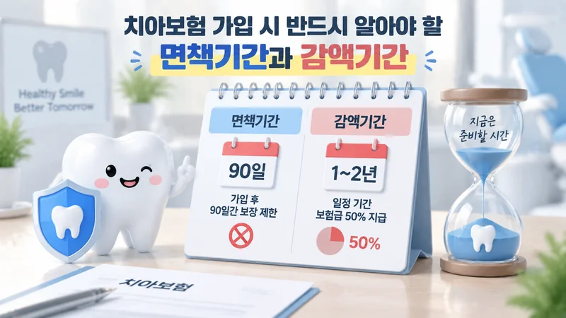 치아보험의 면책기간과 감액기간을 달력과 모래시계, 보호 아이콘으로 설명하는 깔끔한 보험 안내 이미지