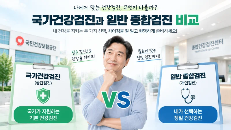 국가건강검진과 일반 종합검진의 차이를 비교하는 건강관리 안내 이미지