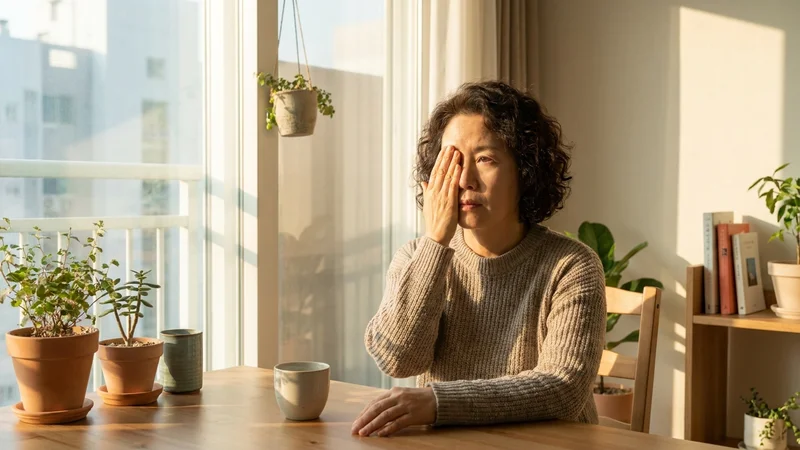 한국 중장년 여성이 안과 자가진단 체크리스트를 확인하며 눈을 가리고 있는 모습
