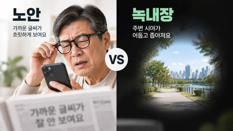 노안으로 가까운 글씨가 흐릿한 모습과 녹내장으로 주변 시야가 좁아지는 모습을 대비해 보여주는 눈 건강 비교 이미지