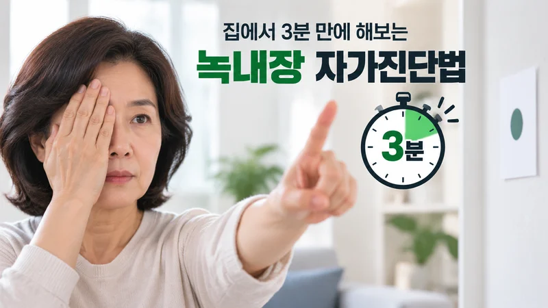 한쪽 눈을 가리고 손가락으로 시야를 확인하는 녹내장 자가진단 방법을 집에서 진행하는 모습의 이미지