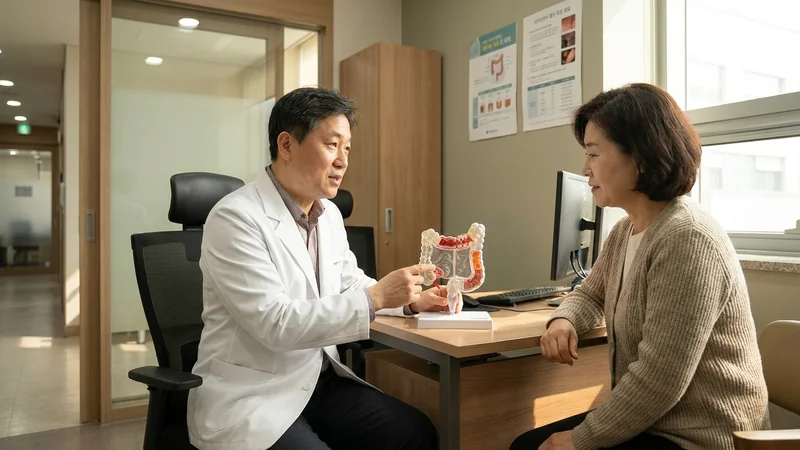 소화기내과 의사가 대장 해부 모형을 들고 환자에게 대장암 발병 위치와 증상을 설명하는 진료실 장면