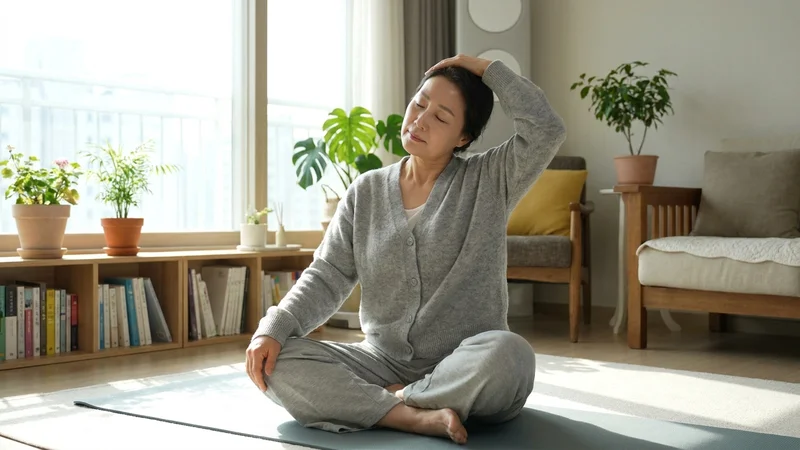 목 스트레칭을 하며 자가 관리 중인 중년 한국 여성