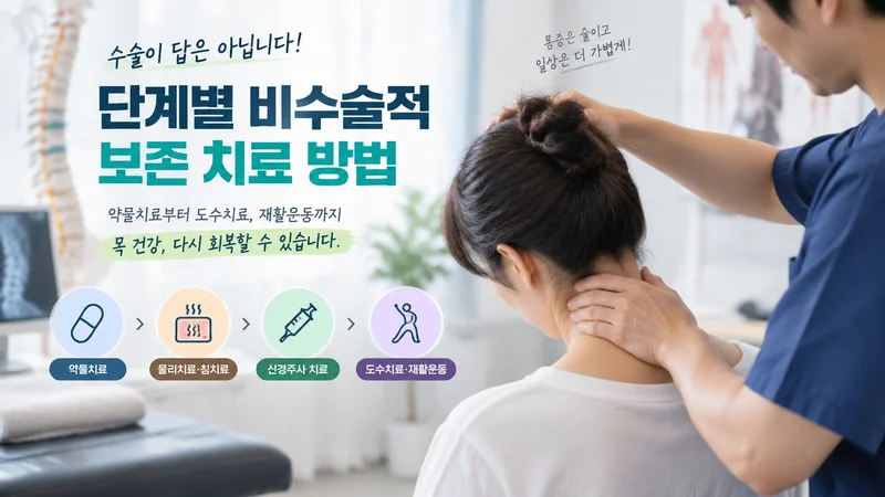 목디스크 단계별 비수술 치료 방법을 보여주는 이미지로 의료진의 도수치료와 약물·물리치료·재활 과정을 표현한 장면