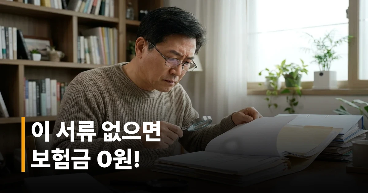 50대 한국 남성이 책상에서 보험금 청구 서류를 꼼꼼히 확인하는 모습