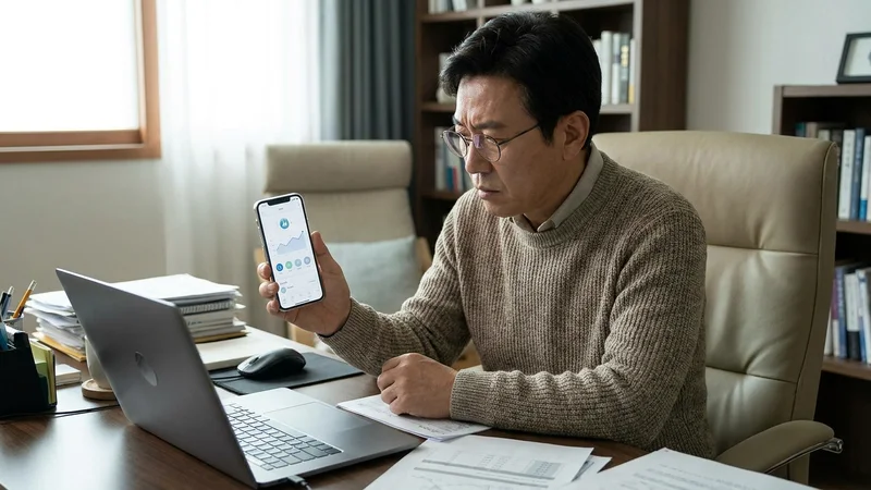 50대 남성이 스마트폰으로 국민건강보험공단 앱을 통해 의료비 환급금을 조회하는 모습