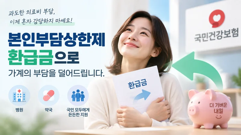 본인부담상한제 환급금으로 의료비 부담을 덜어주는 모습을 표현한 환급 서류와 동전, 가족 지원 아이콘이 어우러진 이미지