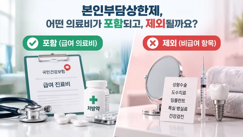본인부담상한제 적용 의료비와 제외 항목을 구분해 보여주는 급여 진료비 서류와 비급여 항목 상징물이 배치된 비교 이미지